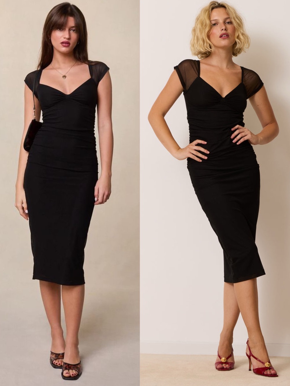 ROUJE Black Mesh Sweetheart Neck Cap Sleeve Ruched Fitted LBD Laly Midi Dress